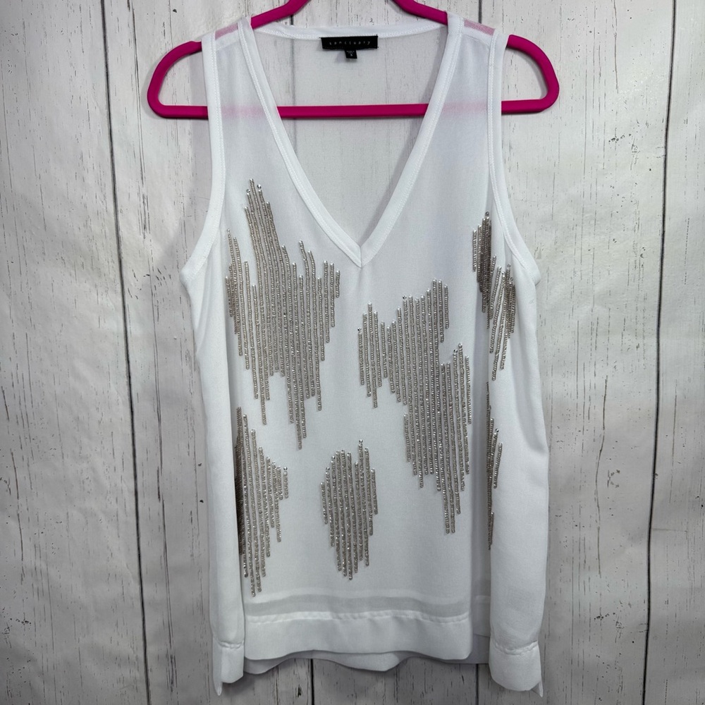 Sanctuary White Sequin Embellished V Neck Sleeveless Blouse Minimalist Glam